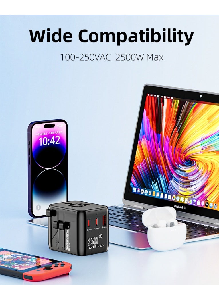 Voltrava Universal Travel Plug Adapter with 2 AC Outlets, PD 25W Fast Charging, Dual USB-C & USB-A Ports – International Multi Plug Power Adapter for Worldwide Travel, Compatible with US UK EU AU Asia – Compact All-in-One Travel Charger - Black - Image 4